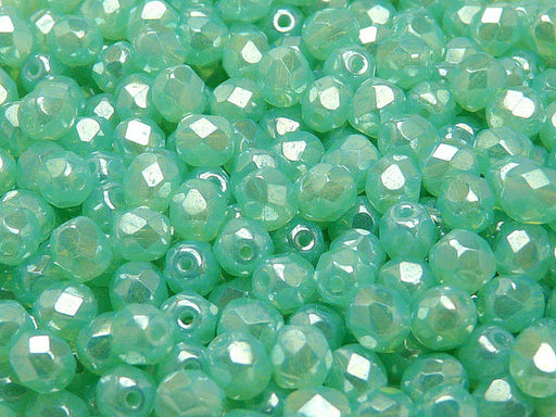 50 pcs Fire Polished Faceted Beads Round, 6mm, Green Aqua White Luster, Czech Glass