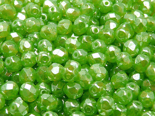 50 pcs Fire Polished Faceted Beads Round, 6mm, Green Opal White Luster, Czech Glass