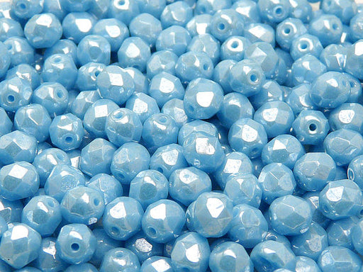 50 pcs Fire Polished Faceted Beads Round, 6mm, Turquoise Blue White Luster, Czech Glass