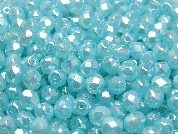 50 pcs Fire Polished Faceted Beads Round, 6mm, Aqua Opal White Luster, Czech Glass