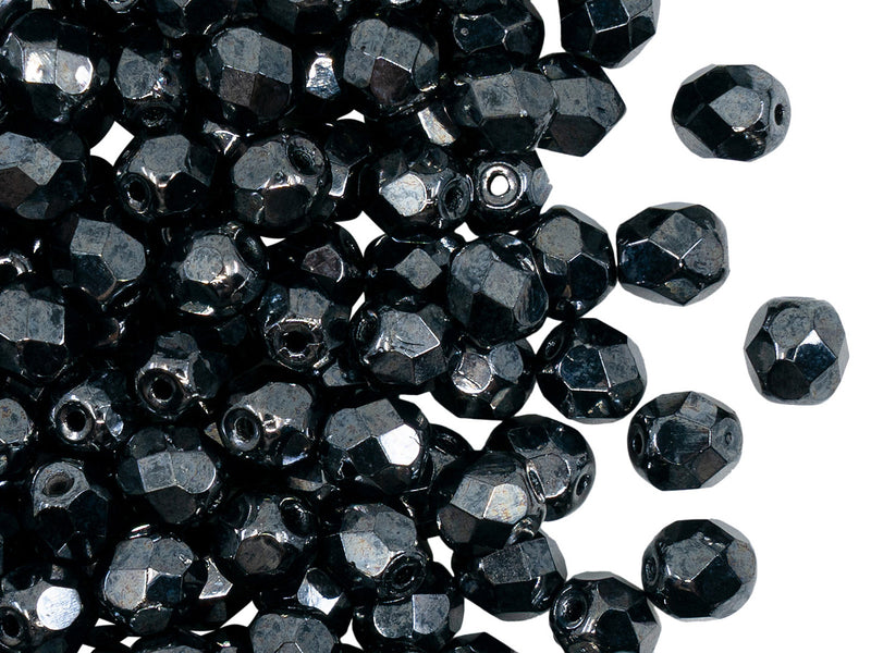 50 pcs Fire Polished Faceted Beads Round, 6mm, Jet Hematite (Gray), Czech Glass