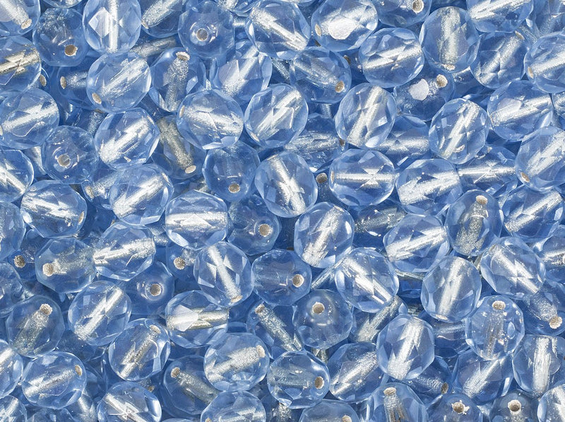 Fire Polished Faceted Beads Round 6 mm Light Sapphire Silver Lined Czech Glass Blue Silver