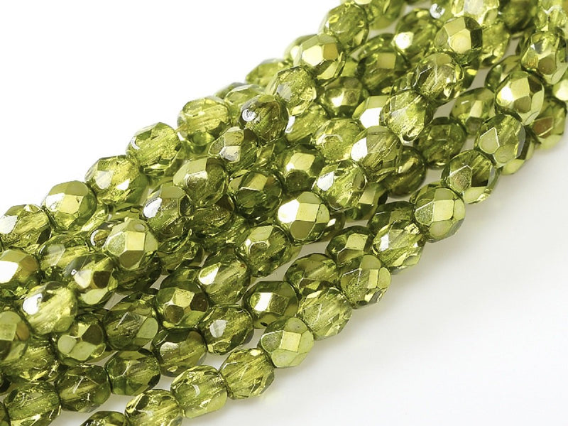 50 pcs 50 pcs Fire Polished Beads 6 mm Crystal Olive Metallic Ice Czech Glass Yellow