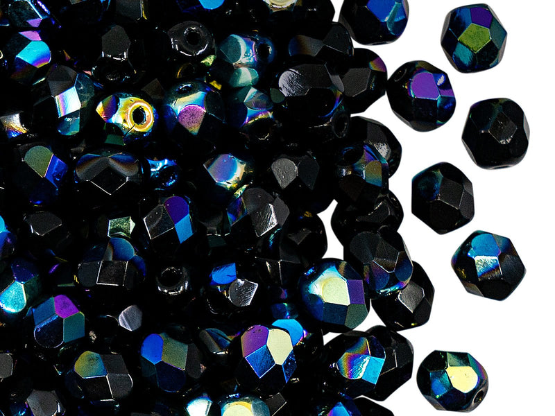 Fire Polished Faceted Beads Round 6 mm, Jet Black AB, Czech Glass