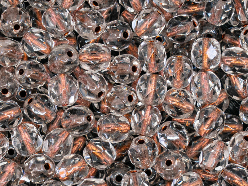 50 pcs Fire Polished Faceted Beads Round 6 mm, Crystal Copper Lined, Czech Glass