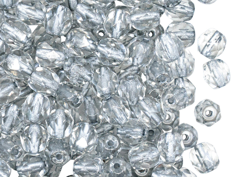 50 pcs Fire Polished Faceted Beads Round 6 mm, Crystal Silver Lined, Czech Glass