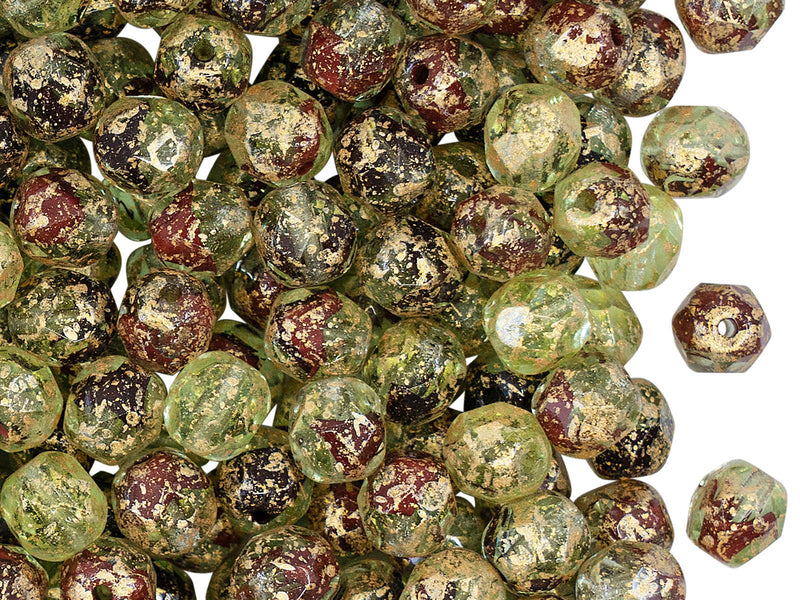 50 pcs Fire Polished Faceted Beads Round 6 mm, Crystal Green Brown Splash, Czech Glass