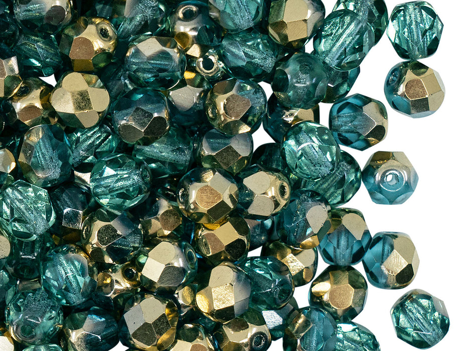 50 pcs Fire Polished Faceted Beads Round 6 mm, Crystal Aquamarine Amber, Czech Glass