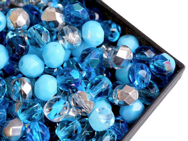 Fire Polished Faceted Beads Round 6 mm, Mix Aqua, Czech Glass