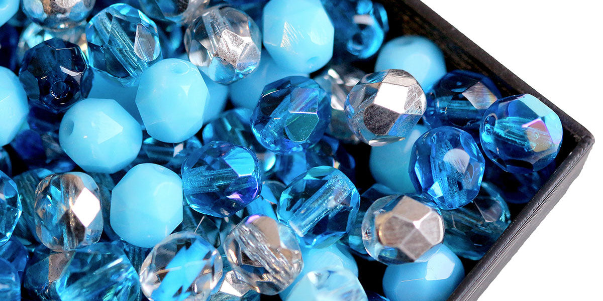 50 pcs Fire Polished Faceted Beads Round mm, Mix Aqua, Czech