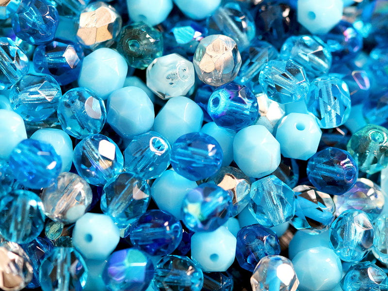 50 pcs Fire Polished Faceted Beads Round 6 mm, Mix Aqua, Czech Glass