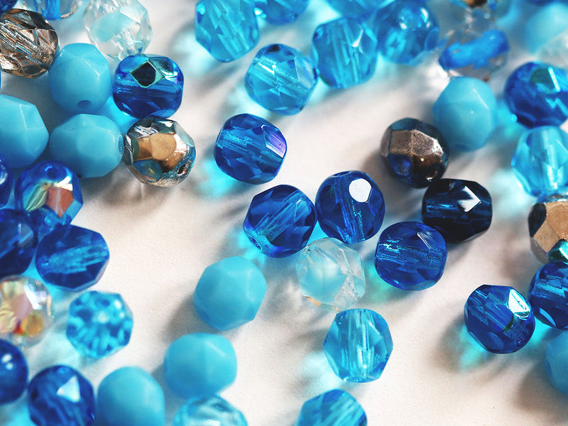 50 pcs Fire Polished Faceted Beads Round 6 mm, Mix Aqua, Czech Glass