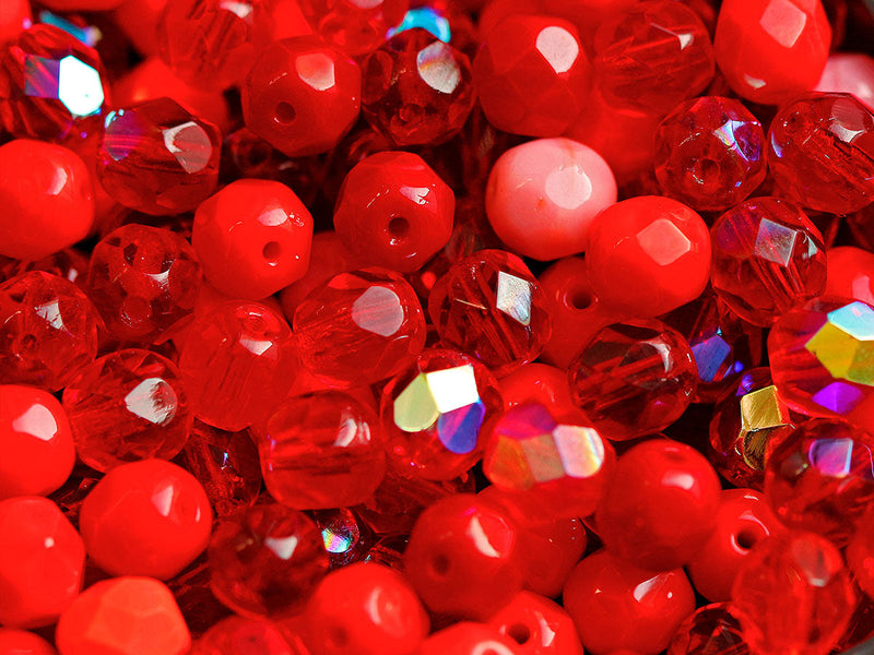 50 pcs Fire Polished Faceted Beads Round 6 mm, Mix Red, Czech Glass