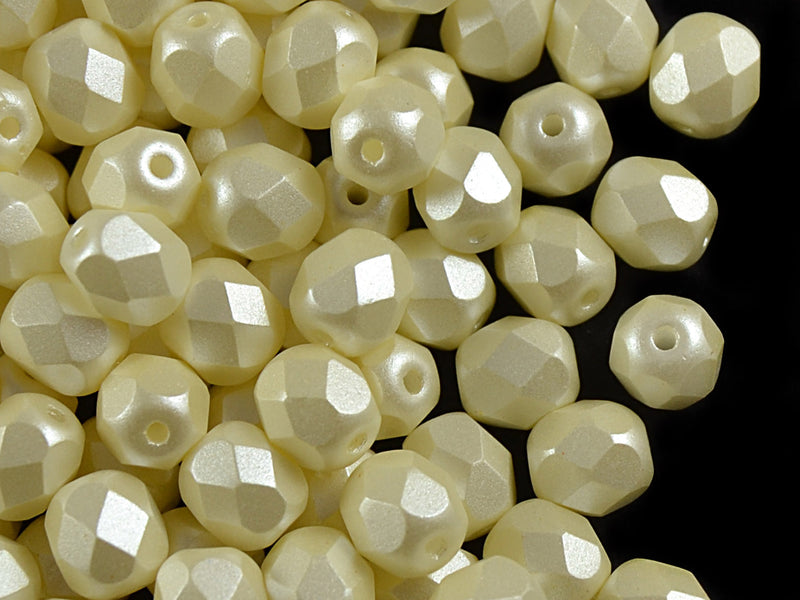 Set of Round Fire Polished Beads (3mm, 4mm, 6mm, 8mm), Pastel Light Cream, Czech Glass