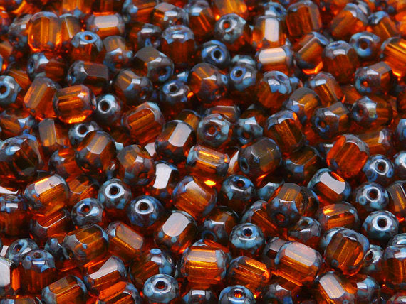 50 pcs Cathedral Fire Polished Faceted Beads, 6mm, Hyacinth Travertine Ends, Czech Glass