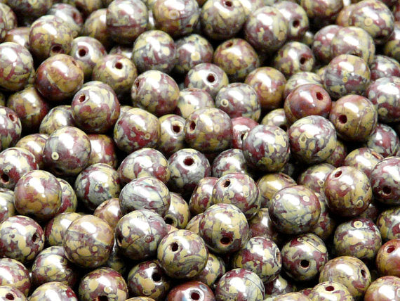 50 pcs Round Pressed Beads, 6mm, Opaque Coral Red Travertine, Czech Glass
