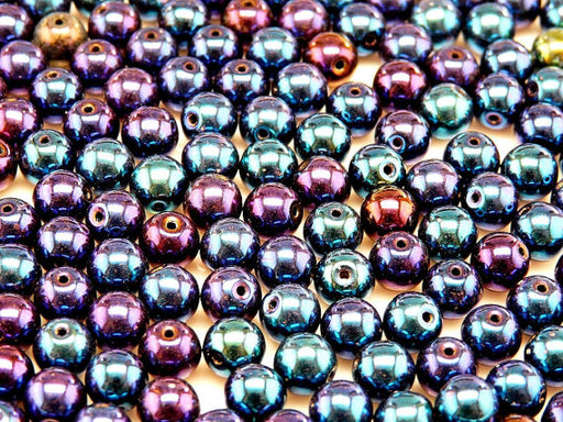 50 pcs Round Pressed Beads, 6mm, Jet Blue Iris, Czech Glass