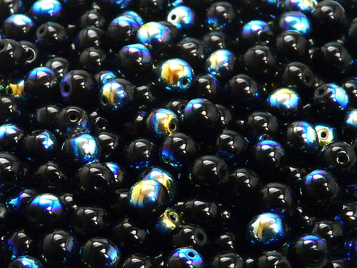 50 pcs Round Pressed Beads, 6mm, Jet AB, Czech Glass