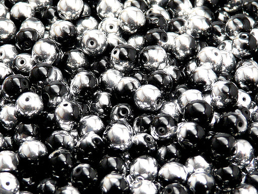 50 pcs Round Pressed Beads, 6mm, Jet Labrador (Jet Silver), Czech Glass