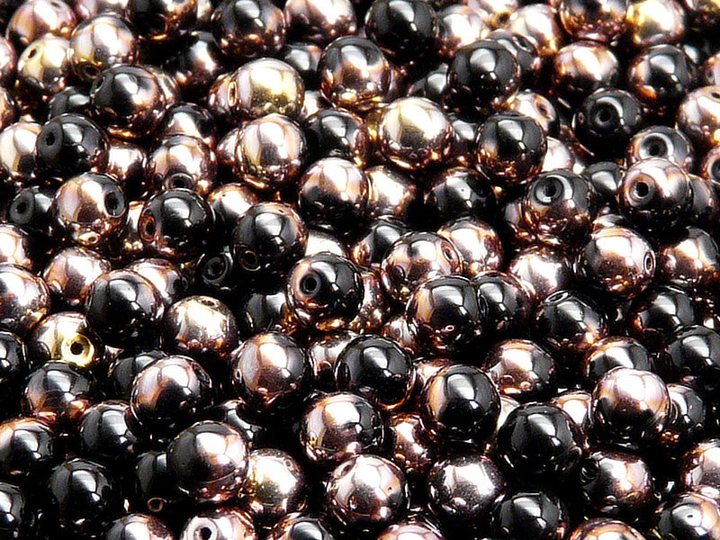 50 pcs Round Pressed Beads, 6mm, Jet Capri Gold, Czech Glass