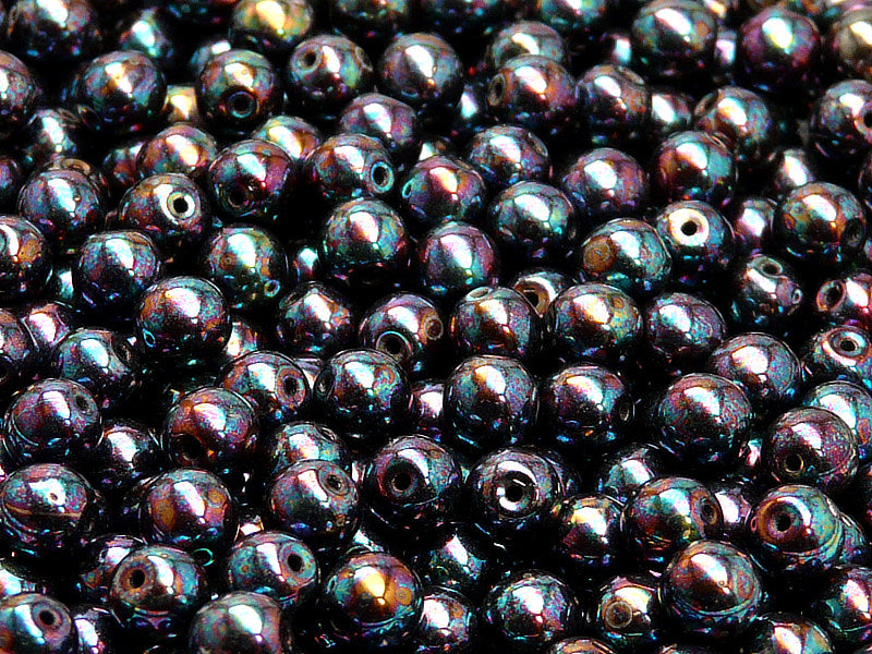 50 pcs Round Pressed Beads, 6mm, Jet Iris Luster, Czech Glass