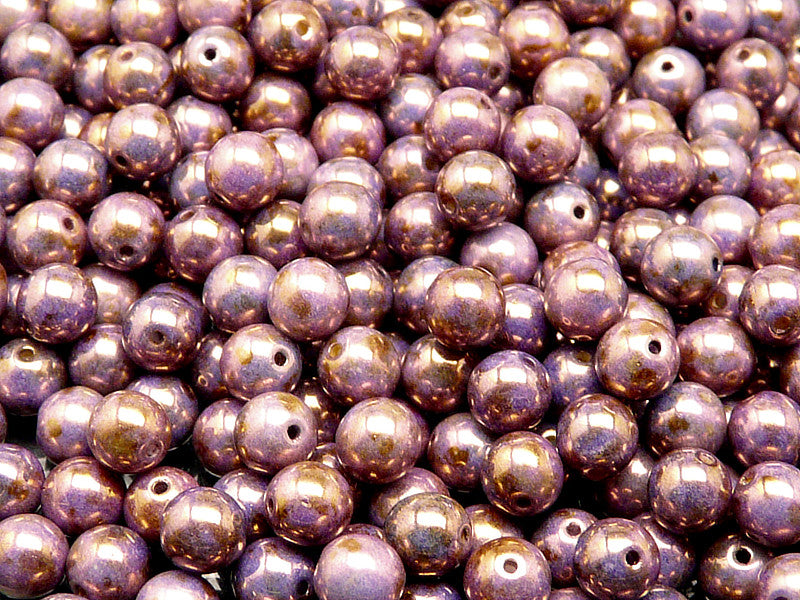 50 pcs Round Pressed Beads, 6mm, White Chalk Violet Glaze, Czech Glass