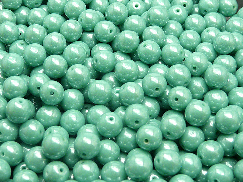50 pcs Round Pressed Beads, 6mm, Opaque Turquoise Green White Luster, Czech Glass