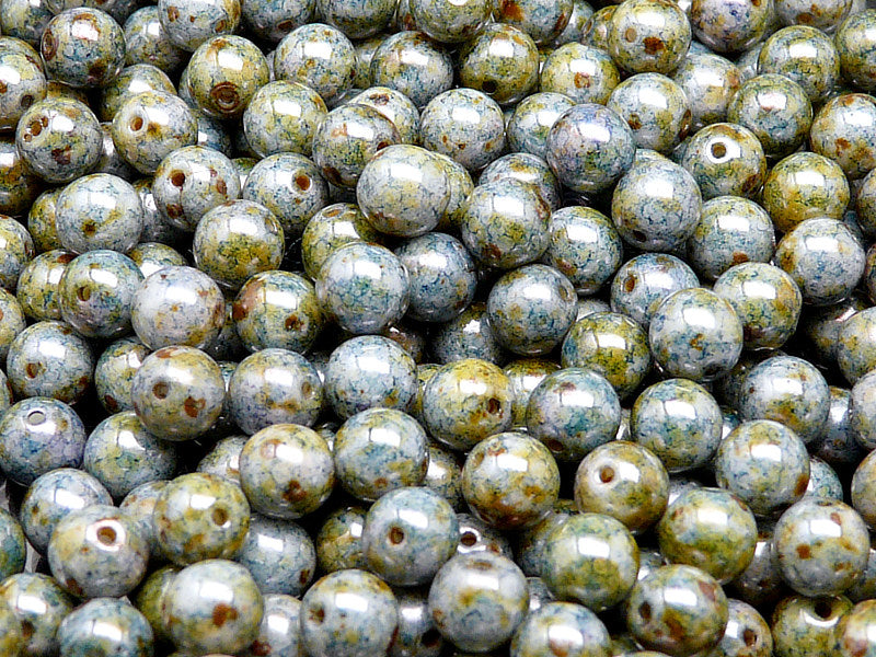 50 pcs Round Pressed Beads, 6mm, White Chalk Blue Senegal , Czech Glass