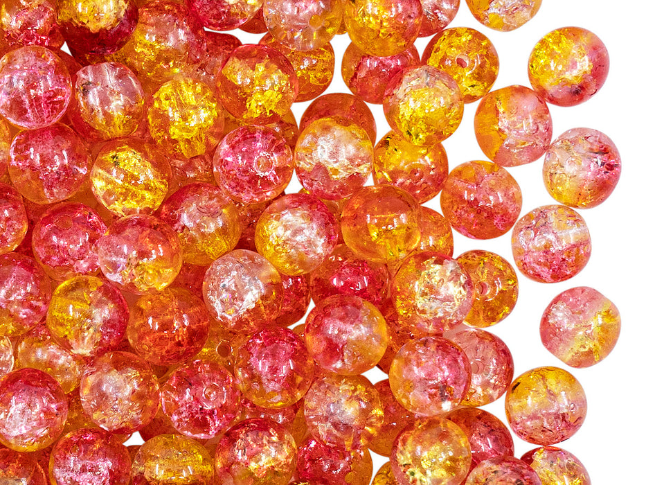 50 pcs Cracked Round Beads 6 mm, Crystal Orange-Yellow Two Tone Luster, Czech Glass