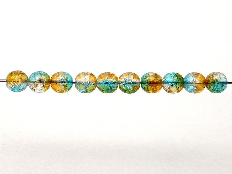 50 pcs Cracked Round Beads 6 mm, Crystal Orange Aqua Blue Two Tone Luster, Czech Glass