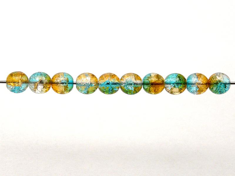 50 pcs Cracked Round Beads 6 mm, Crystal Orange Aqua Blue Two Tone Luster, Czech Glass