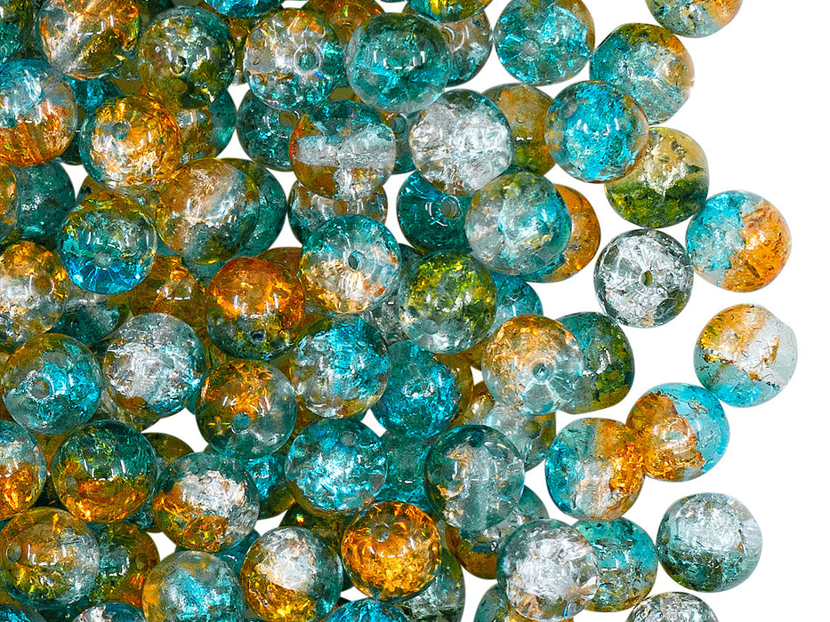 50 pcs Cracked Round Beads 6 mm, Crystal Orange Aqua Blue Two Tone Luster, Czech Glass