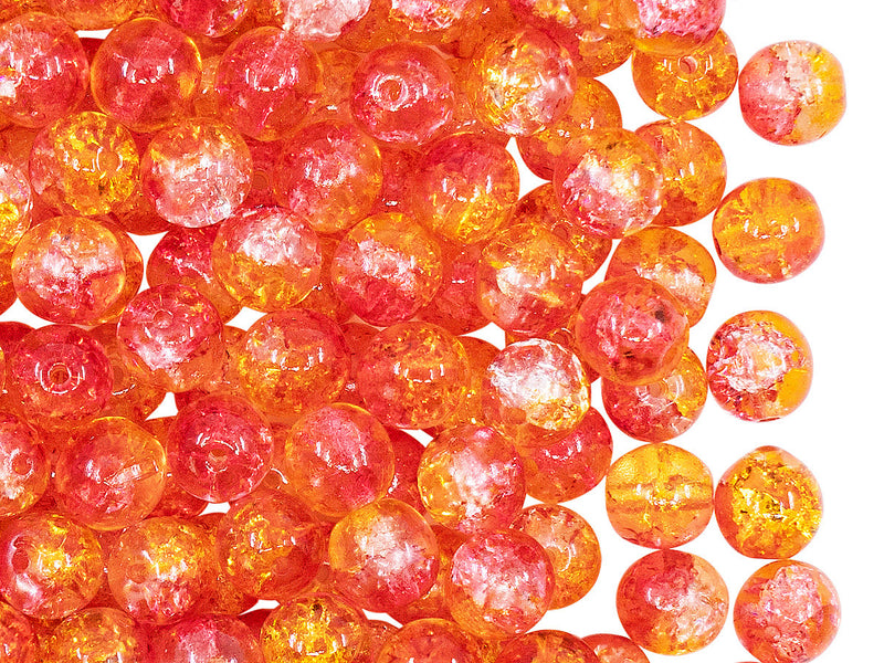 50 pcs Cracked Round Beads 6 mm, Crystal Red Orange Two Tone Luster, Czech Glass