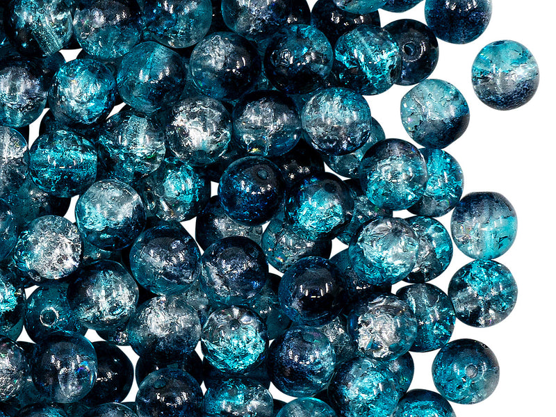 50 pcs Cracked Round Beads 6 mm, Crystal Aqua Blue Cobalt Two Tone Luster, Czech Glass