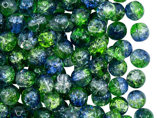 50 pcs Cracked Round Beads 6 mm, Crystal Green Cobalt Two Tone Luster, Czech Glass
