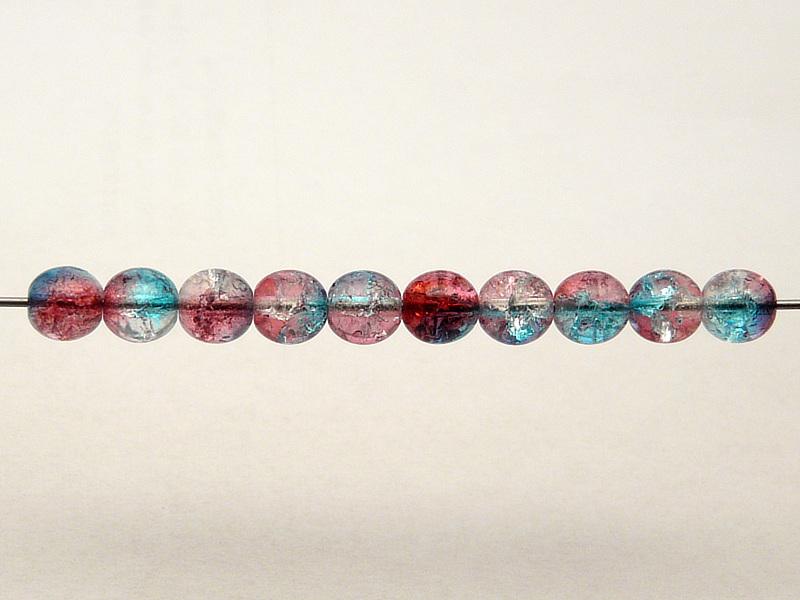 50 pcs Cracked Round Beads 6 mm, Crystal Red Aqua Blue Two Tone Luster, Czech Glass