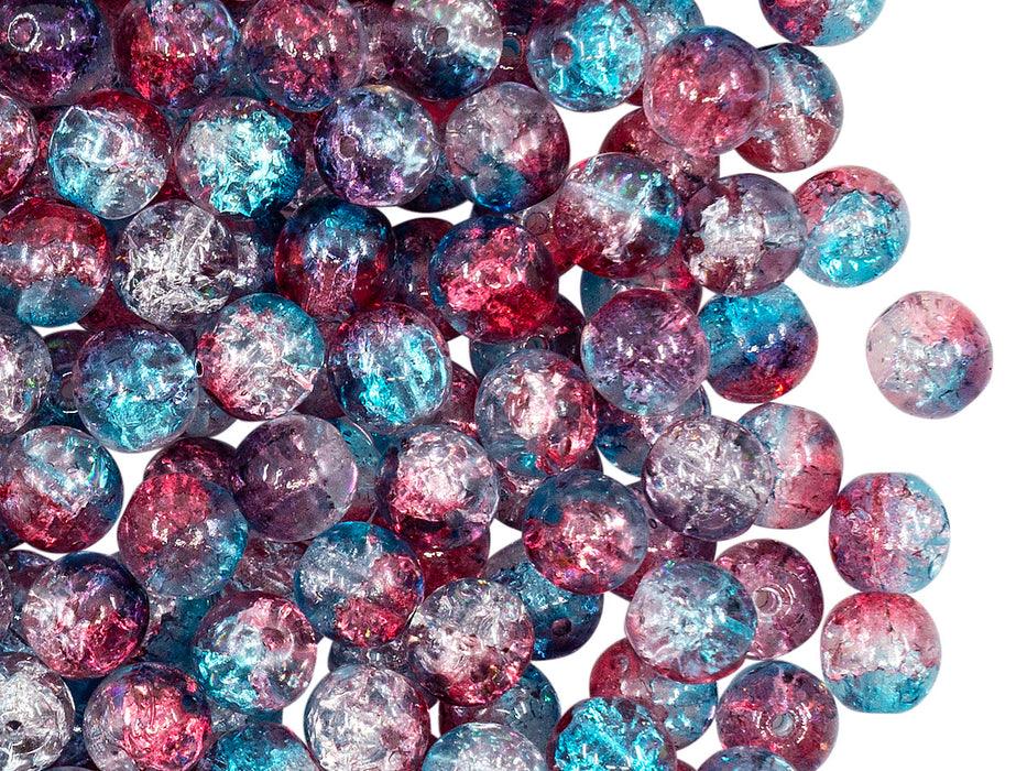 50 pcs Cracked Round Beads 6 mm, Crystal Red Aqua Blue Two Tone Luster, Czech Glass