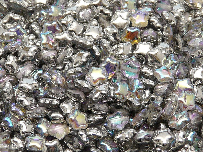 50 pcs Star Beads, 6 mm, Czech Glass, Crystal Silver Rainbow