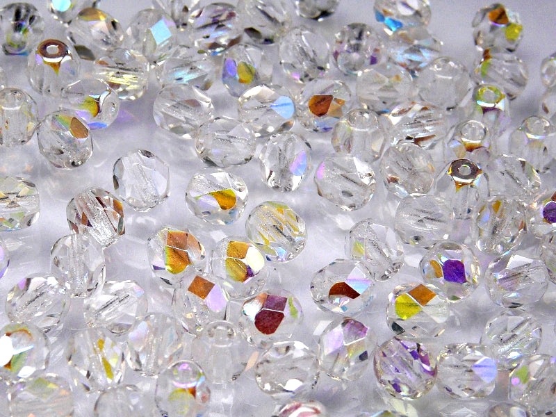 Set of Round Fire Polished Beads (3mm, 4mm, 6mm, 8mm), 3 colors: Crystal Vitrail, Chalk White, Crystal AB, Czech Glass