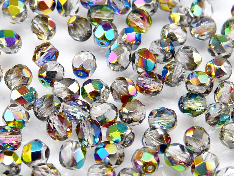 Set of Round Fire Polished Beads (4mm, 6mm), 3 colors: Jet Black, Crystal Vitrail, Chalk White, Czech Glass