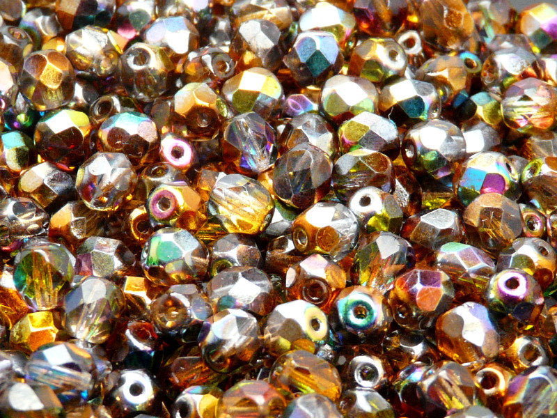 50 pcs Fire Polished Faceted Beads Round, 6mm, Magic Orange Gray, Czech Glass