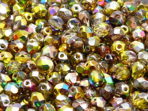50 pcs Fire Polished Faceted Beads Round, 6mm, Magic Yellow Brown, Czech Glass