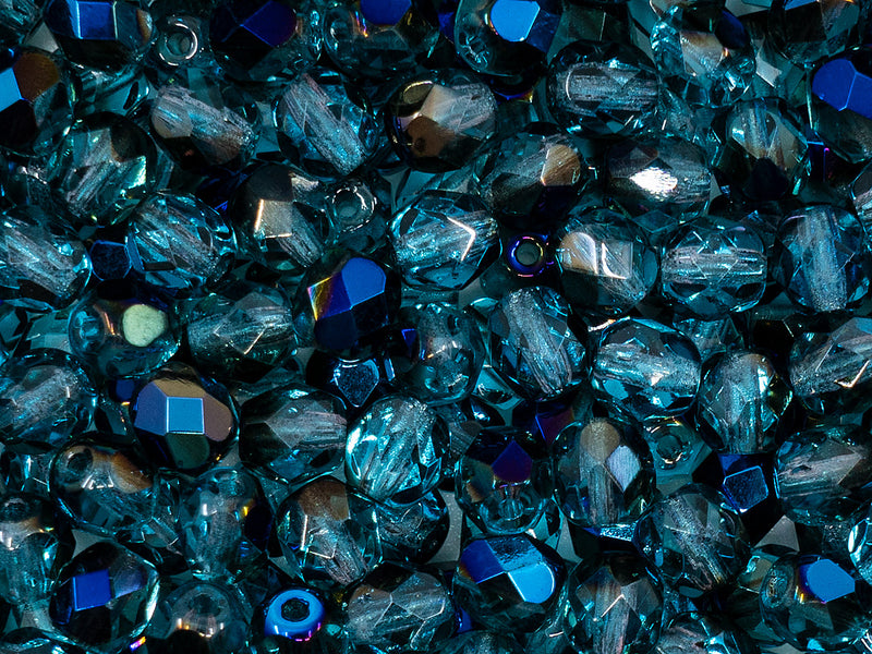 50 pcs Fire Polished Faceted Beads Round, 6mm, Aquamarine Azuro, Czech Glass