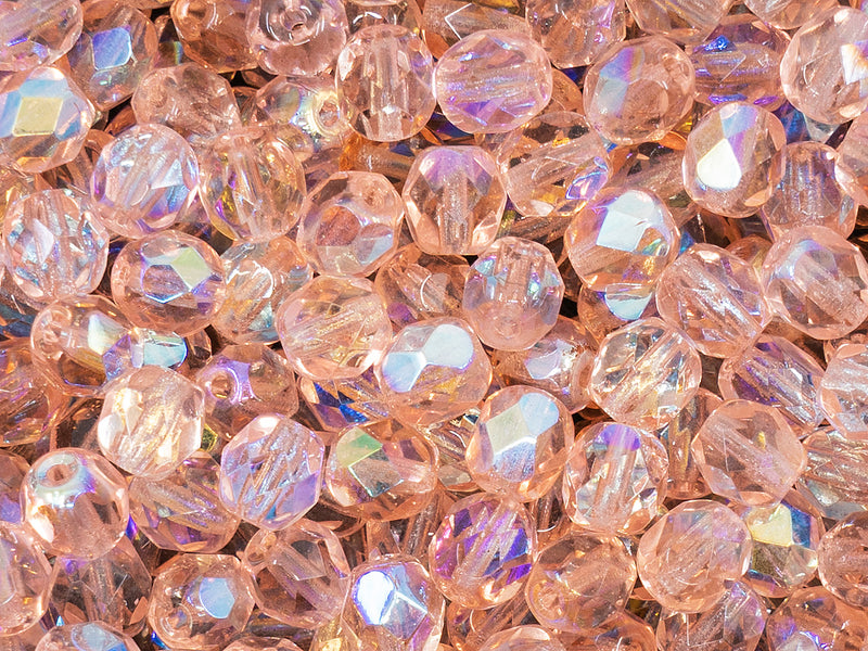 50 pcs Fire Polished Faceted Beads Round, 6mm, Rosaline AB, Czech Glass