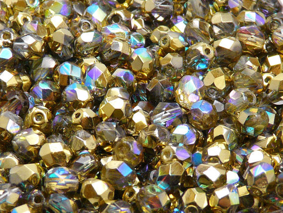 50 pcs Fire Polished Faceted Beads Round, 6mm, Crystal Golden Rainbow, Czech Glass