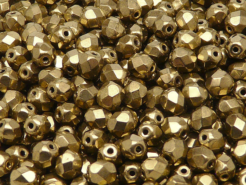 50 pcs Fire Polished Faceted Beads Round, 6mm, Jet Gold Bronze, Czech Glass