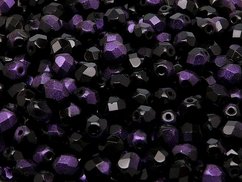 50 pcs Fire Polished Faceted Beads Round, 6mm, Jet Rutile Violet, Czech Glass
