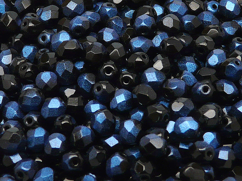 50 pcs Fire Polished Faceted Beads Round, 6mm, Jet Rutile Blue, Czech Glass