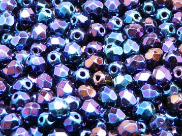 50 pcs Fire Polished Faceted Beads Round, 6mm, Jet Blue Iris, Czech Glass