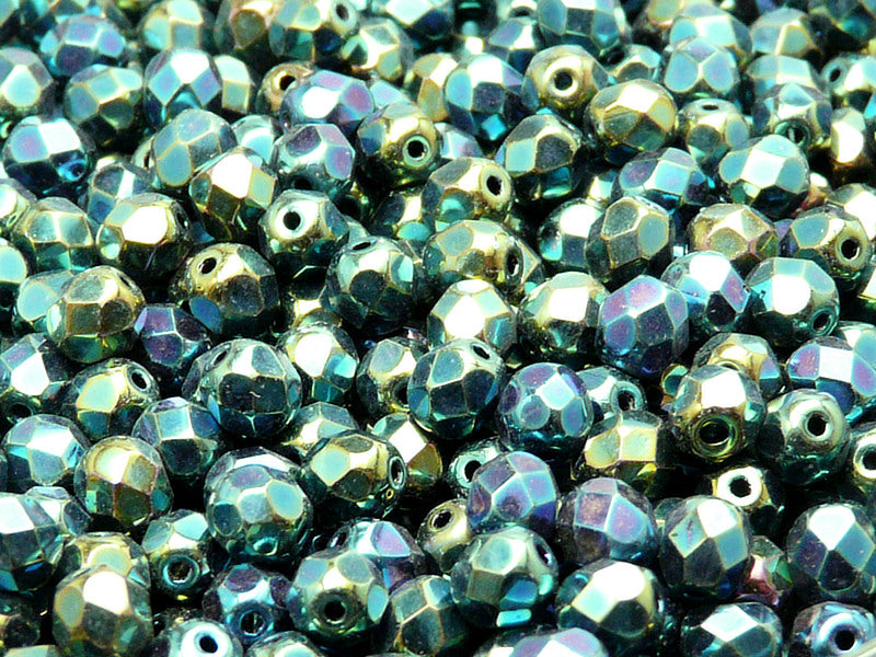 50 pcs Fire Polished Faceted Beads Round, 6mm, Jet Green Iris, Czech Glass